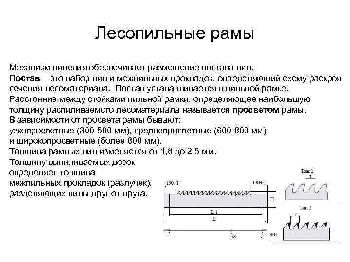 Лесопильные рамы Механизм пиления обеспечивает размещение постава пил. Постав – это набор пил и