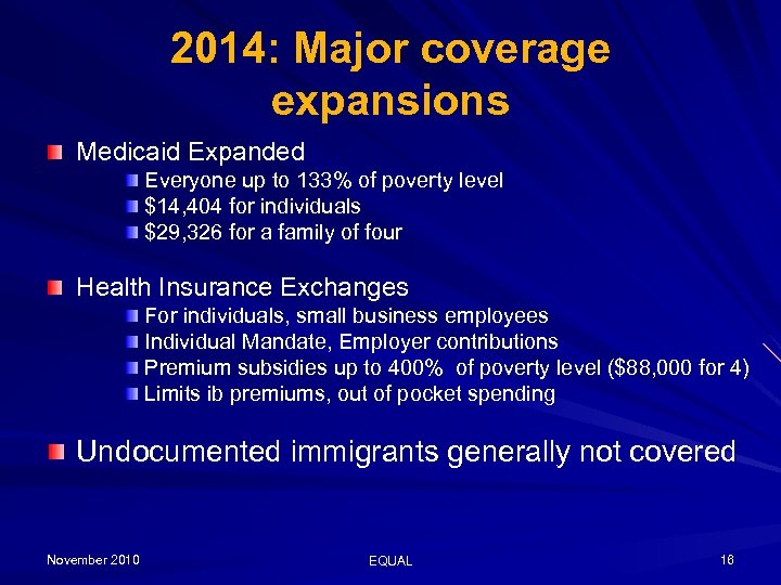 2014: Major coverage expansions Medicaid Expanded Everyone up to 133% of poverty level $14,
