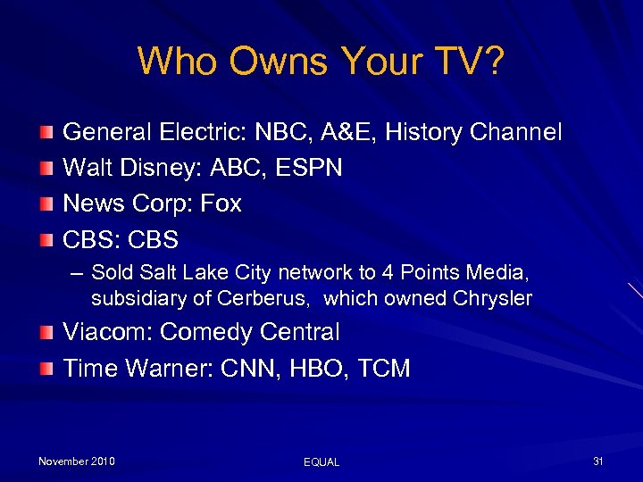 Who Owns Your TV? General Electric: NBC, A&E, History Channel Walt Disney: ABC, ESPN