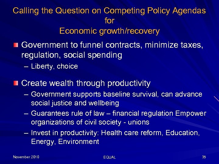 Calling the Question on Competing Policy Agendas for Economic growth/recovery Government to funnel contracts,