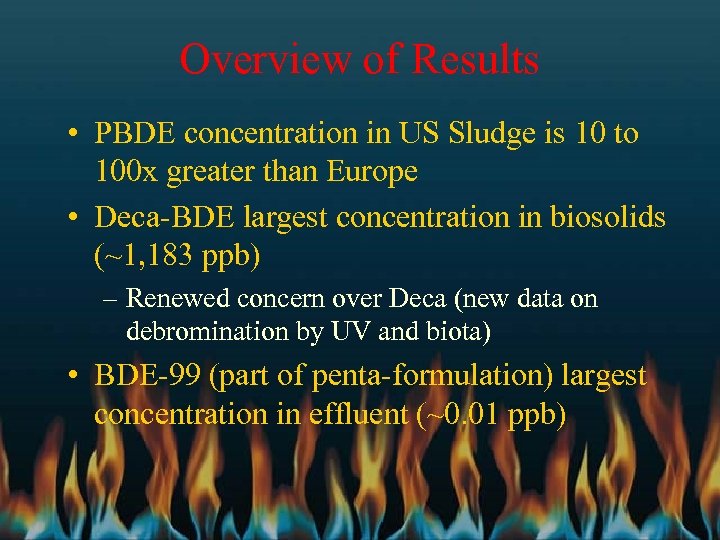 Overview of Results • PBDE concentration in US Sludge is 10 to 100 x