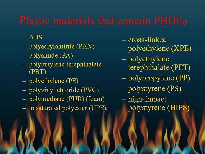 Plastic materials that contain PBDEs – – – – ABS polyacrylonitrile (PAN) polyamide (PA)