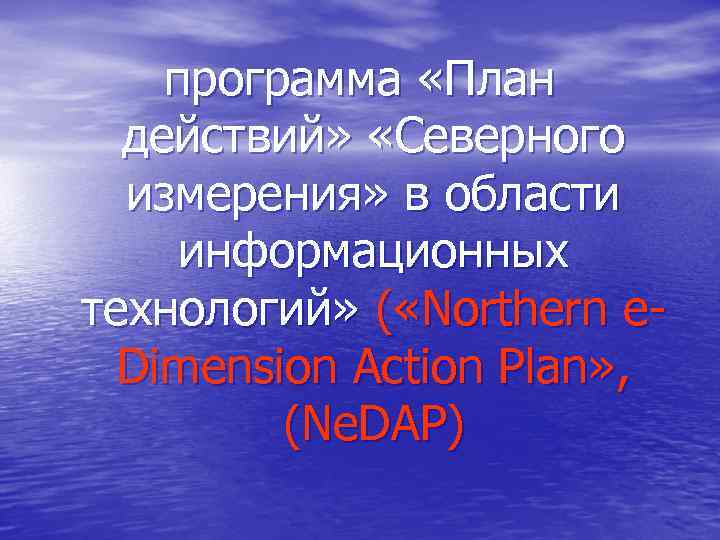 программа «План действий» «Северного измерения» в области информационных технологий» ( «Northern e. Dimension Action