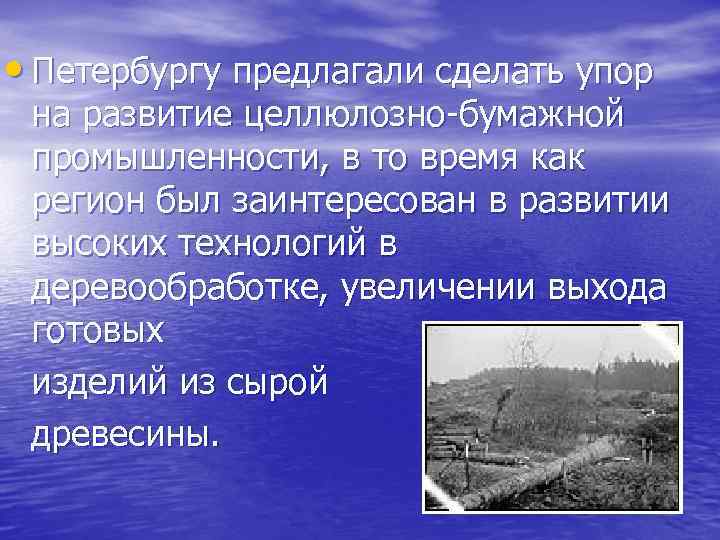  • Петербургу предлагали сделать упор на развитие целлюлозно-бумажной промышленности, в то время как