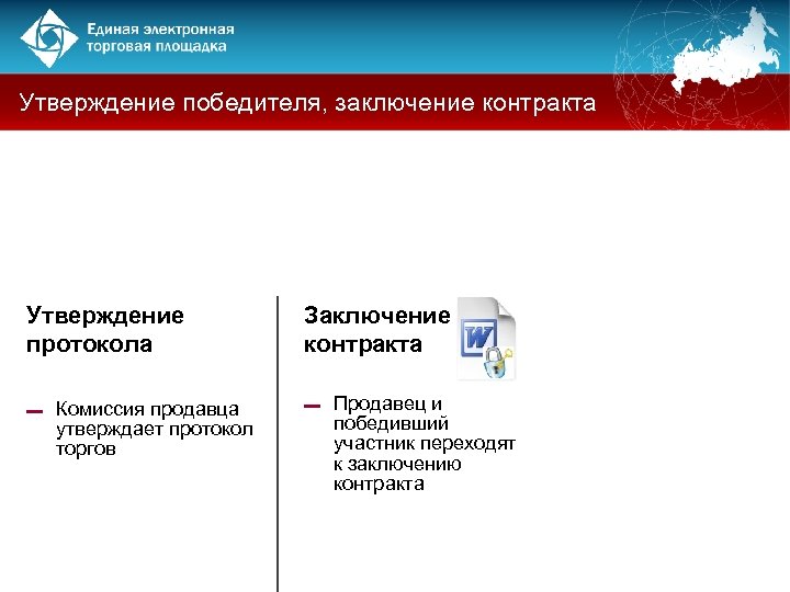 Утверждение победителя, заключение контракта Утверждение протокола ▬ Комиссия продавца утверждает протокол торгов Заключение контракта