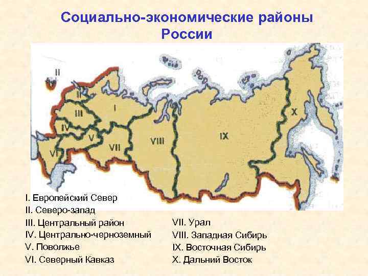 Социально-экономические районы России I. Европейский Север II. Северо-запад III. Центральный район IV. Центрально-черноземный V.