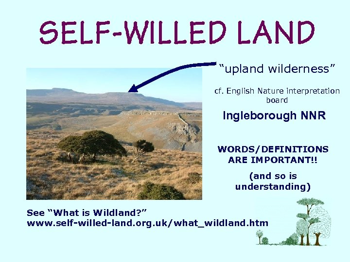 “upland wilderness” cf. English Nature interpretation board Ingleborough NNR WORDS/DEFINITIONS ARE IMPORTANT!! (and so
