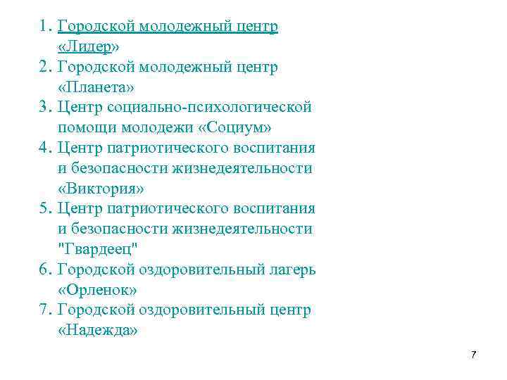 1. Городской молодежный центр «Лидер» 2. Городской молодежный центр «Планета» 3. Центр социально-психологической помощи