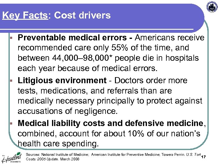 Key Facts: Cost drivers Preventable medical errors - Americans receive recommended care only 55%