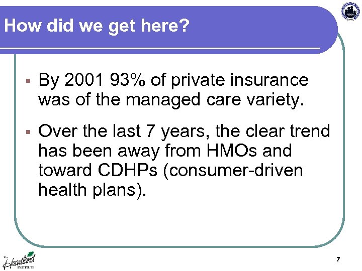 How did we get here? § By 2001 93% of private insurance was of