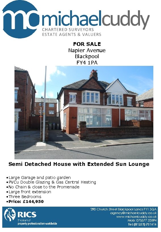 FOR SALE Napier Avenue Blackpool FY 4 1