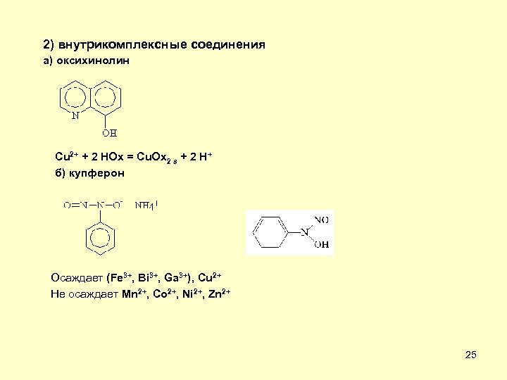 2) внутрикомплексные соединения а) оксихинолин Cu 2+ + 2 HOx = Cu. Ox 2