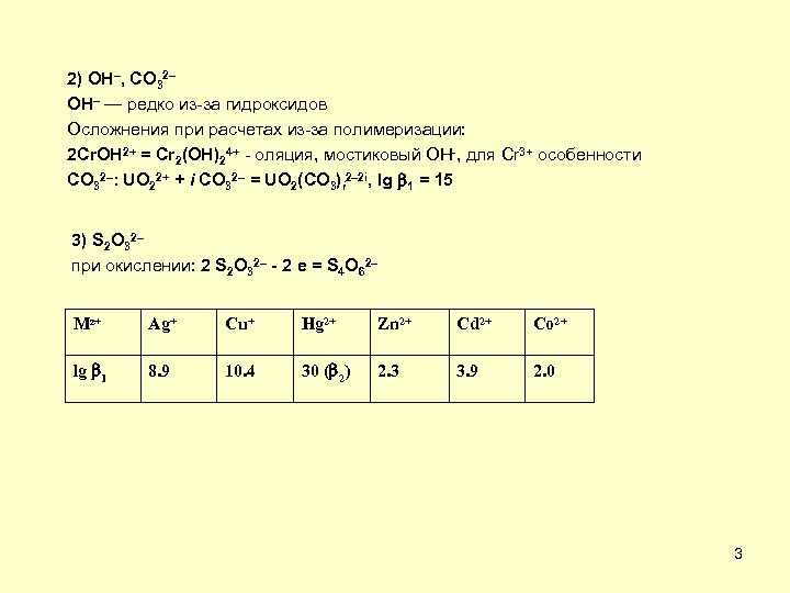 2) OH–, CO 32– OH– — редко из-за гидроксидов Осложнения при расчетах из-за полимеризации: