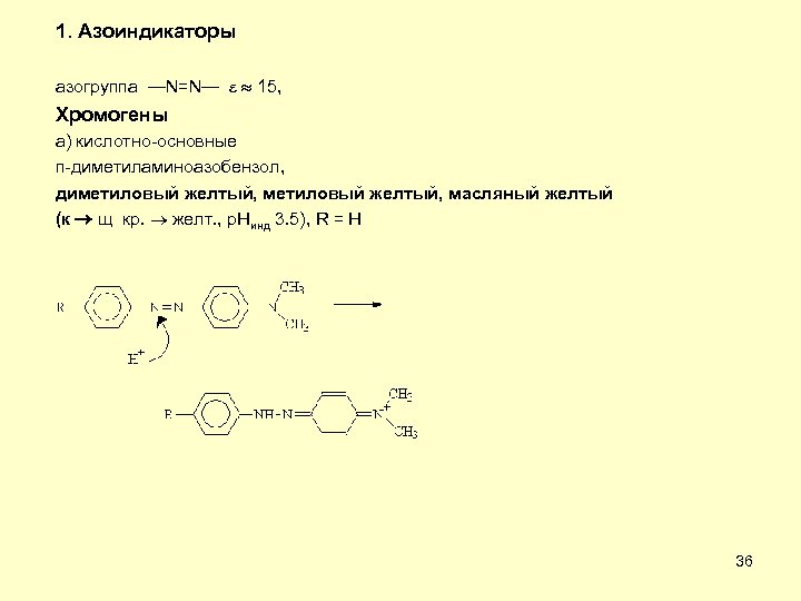 1. Азоиндикаторы азогруппа —N=N— 15, Хромогены а) кислотно-основные п-диметиламиноазобензол, диметиловый желтый, масляный желтый (к