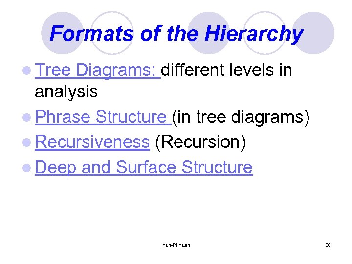 Formats of the Hierarchy l Tree Diagrams: different levels in analysis l Phrase Structure