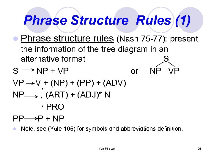 Phrase Structure Rules (1) l Phrase structure rules (Nash 75 -77): present the information