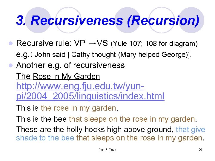 3. Recursiveness (Recursion) Recursive rule: VP VS (Yule 107; 108 for diagram) e. g.