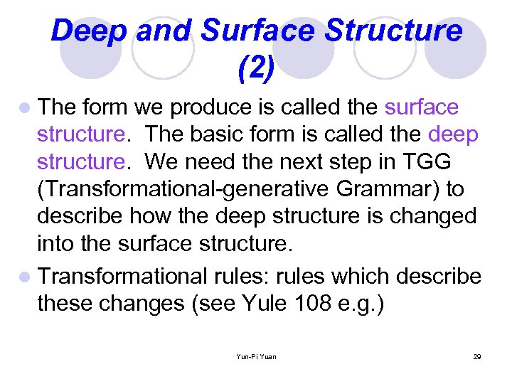 Deep and Surface Structure (2) l The form we produce is called the surface