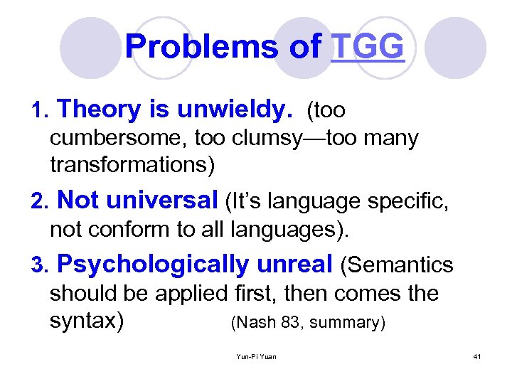 Problems of TGG 1. Theory is unwieldy. (too cumbersome, too clumsy—too many transformations) 2.