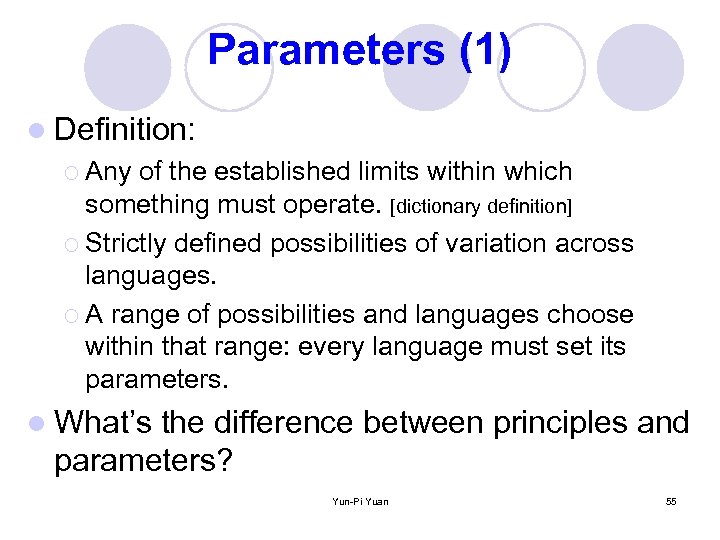 Parameters (1) l Definition: ¡ Any of the established limits within which something must