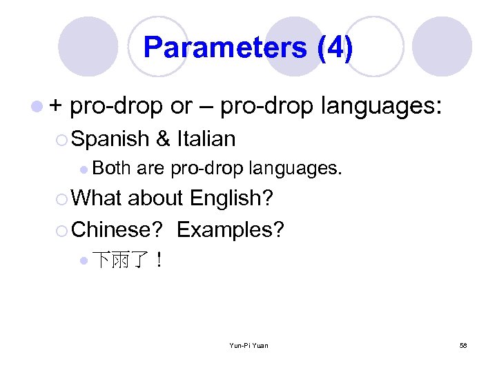 Parameters (4) l+ pro-drop or – pro-drop languages: ¡ Spanish l Both & Italian