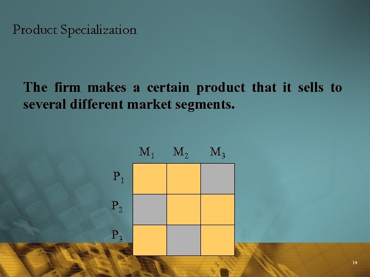 Product Specialization The firm makes a certain product that it sells to several different