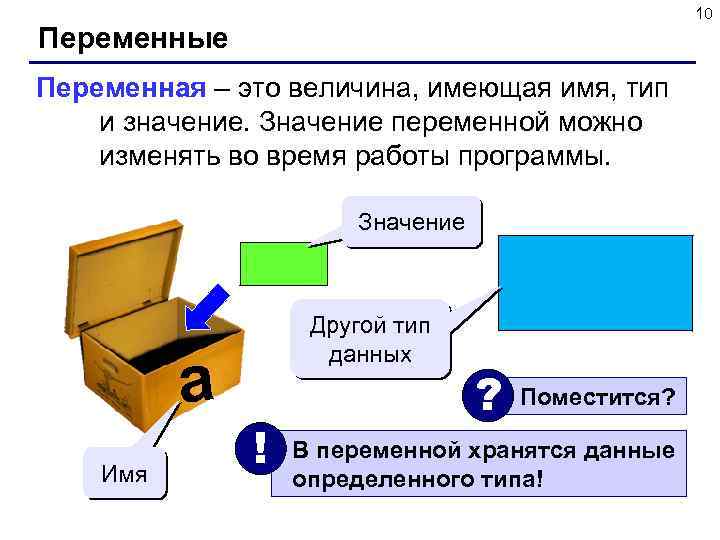 10 Переменные Переменная – это величина, имеющая имя, тип и значение. Значение переменной можно