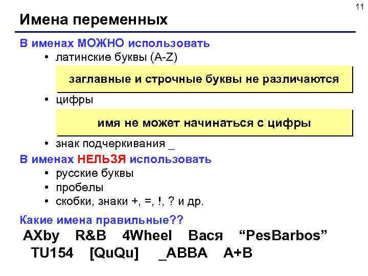 Имена переменных В именах МОЖНО использовать • латинские буквы (A-Z) заглавные и строчные буквы