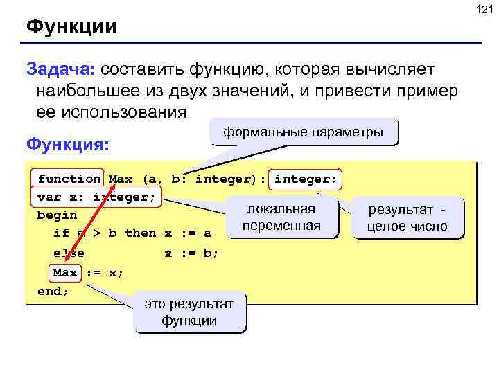 121 Функции Задача: составить функцию, которая вычисляет наибольшее из двух значений, и привести пример