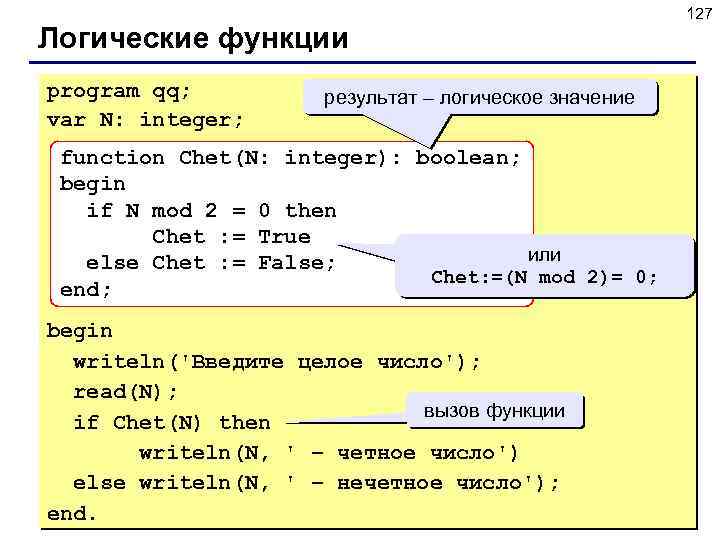 Логические функции program qq; var N: integer; результат – логическое значение function Chet(N: integer):