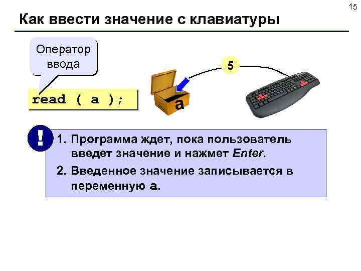 Как ввести значение с клавиатуры Оператор ввода read ( a ); ! 5 a