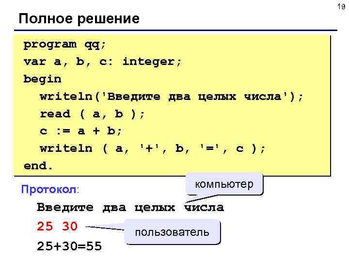 19 Полное решение program qq; var a, b, c: integer; begin writeln('Введите два целых