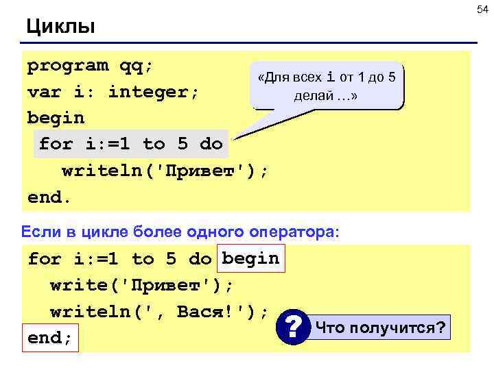 Циклы program qq; «Для всех i от 1 до 5 var i: integer; делай