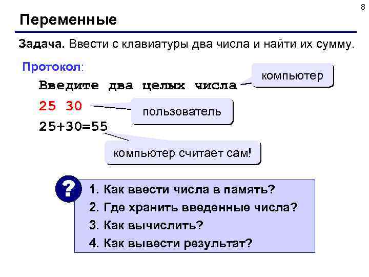 8 Переменные Задача. Ввести с клавиатуры два числа и найти их сумму. Протокол: Введите