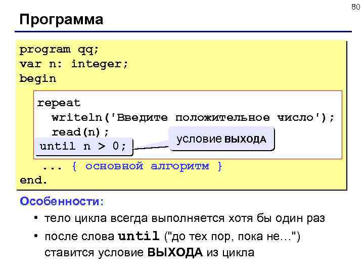 Программа program qq; var n: integer; begin repeat writeln('Введите положительное число'); read(n); условие ВЫХОДА