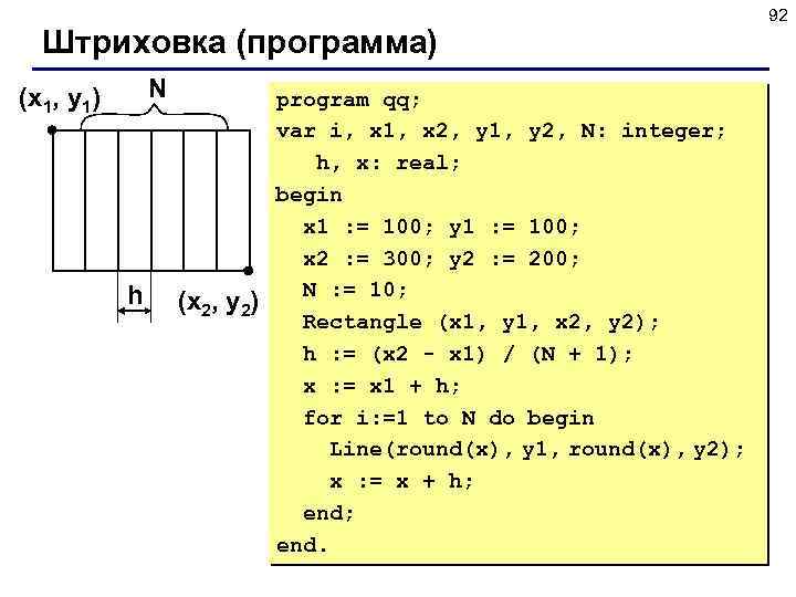 Штриховка (программа) N (x 1, y 1) h (x 2, y 2) program qq;