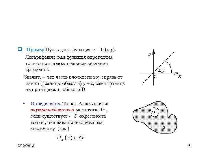 q Пример Пусть дана функция z = ln(x-y). Логарифмическая функция определена только при положительном