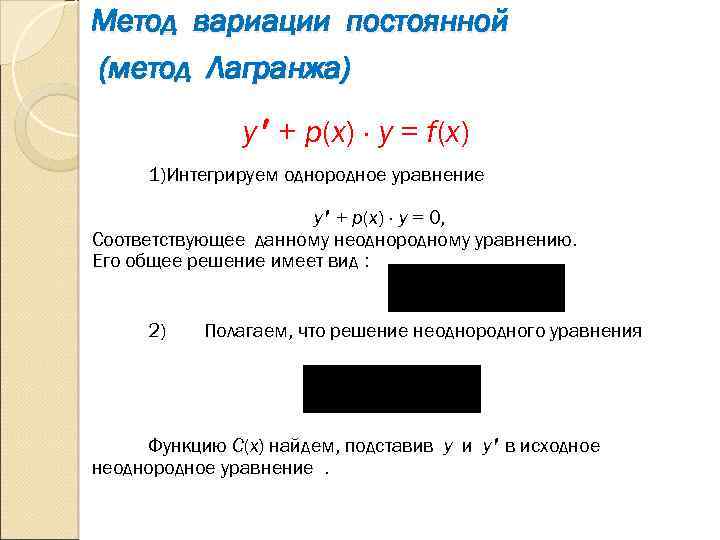 Метод вариации постоянной (метод Лагранжа) y + p(x) y = f(x) 1)Интегрируем однородное уравнение