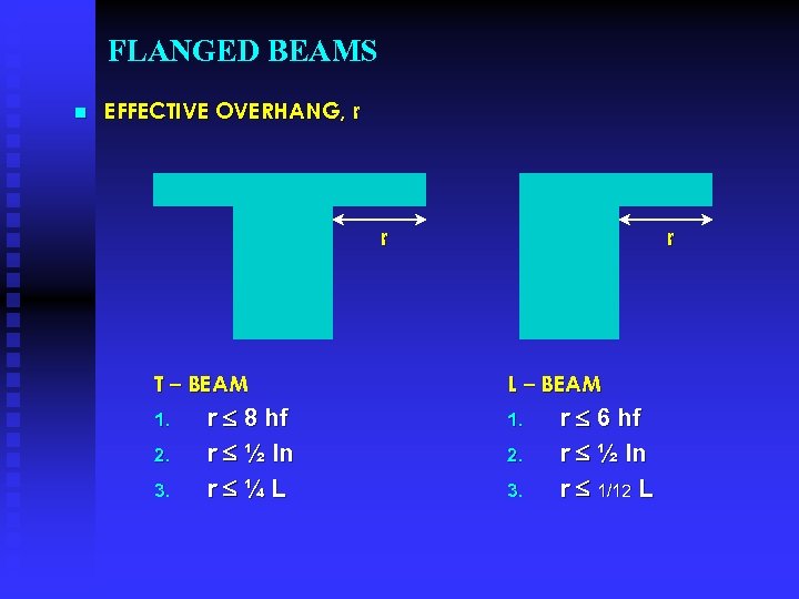 FLANGED BEAMS n EFFECTIVE OVERHANG, r r T – BEAM 1. 2. 3. r