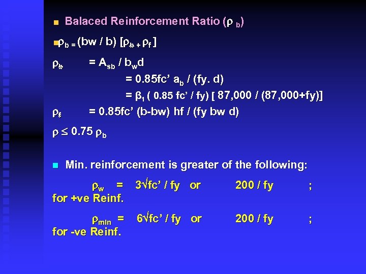 Balaced Reinforcement Ratio ( b) b = (bw / b) [ b + f