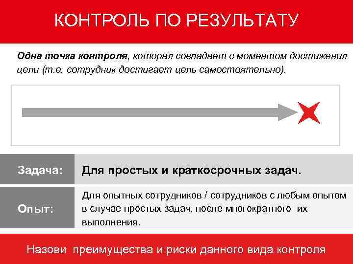 КОНТРОЛЬ ПО РЕЗУЛЬТАТУ Одна точка контроля, которая совпадает с моментом достижения цели (т. е.