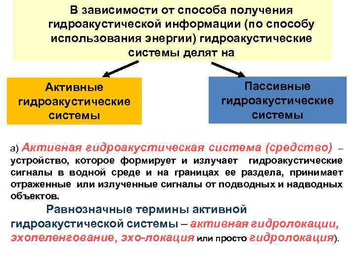 В зависимости от способа получения гидроакустической информации (по способу использования энергии) гидроакустические системы делят