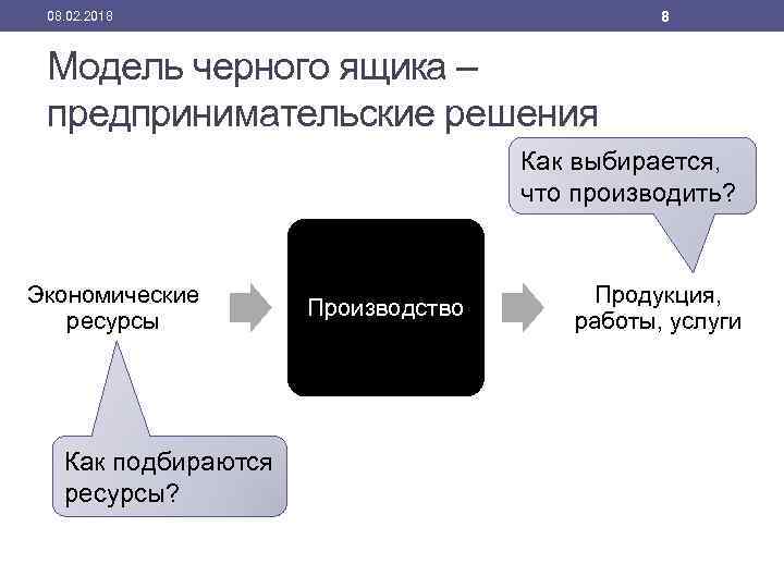 8 08. 02. 2018 Модель черного ящика – предпринимательские решения Как выбирается, что производить?