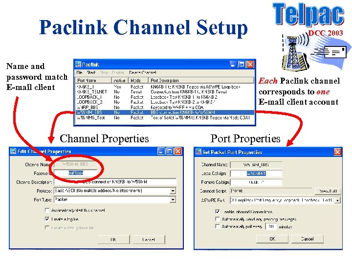 Paclink Channel Setup Name and password match E-mail client Channel Properties DCC 2003 Each