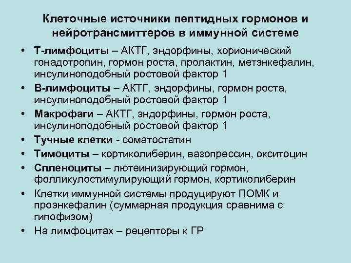 Клеточные источники пептидных гормонов и нейротрансмиттеров в иммунной системе • Т-лимфоциты – АКТГ, эндорфины,