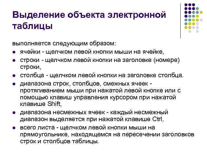 Выделение объекта электронной таблицы выполняется следующим образом: l ячейки - щелчком левой кнопки мыши