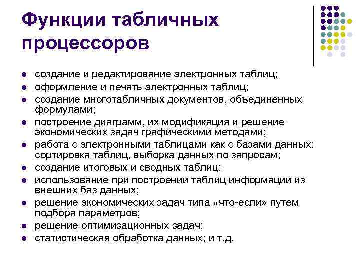 Функции табличных процессоров l l l l l создание и редактирование электронных таблиц; оформление