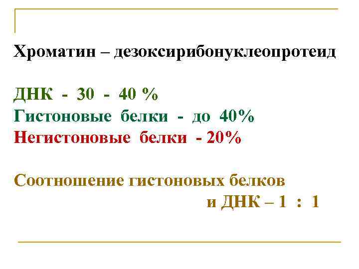 Хроматин – дезоксирибонуклеопротеид ДНК - 30 - 40 % Гистоновые белки - до 40%