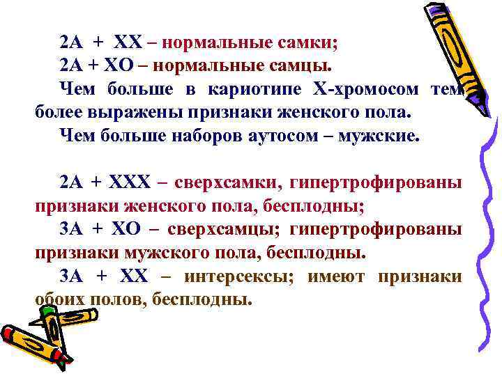 2 А + ХХ – нормальные самки; 2 А + ХО – нормальные самцы.