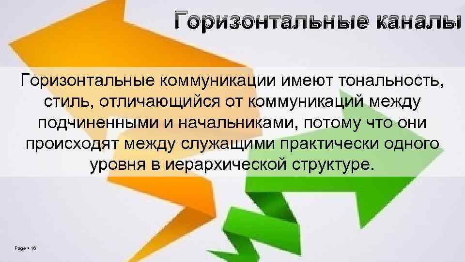 Горизонтальные каналы Горизонтальные коммуникации имеют тональность, стиль, отличающийся от коммуникаций между подчиненными и начальниками,